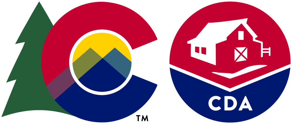 State of Colorado "C" logo with Evergreen tree and the CDA logo with a barn on red and blue circle